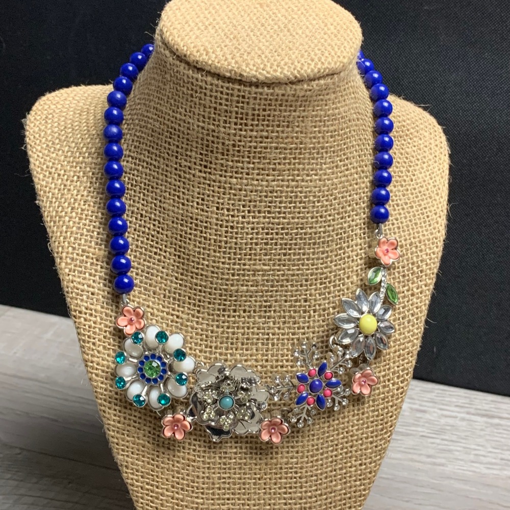 Lia Sophia Blue Beaded Floral Statement Necklace Silver Tone Multi Color Enamel